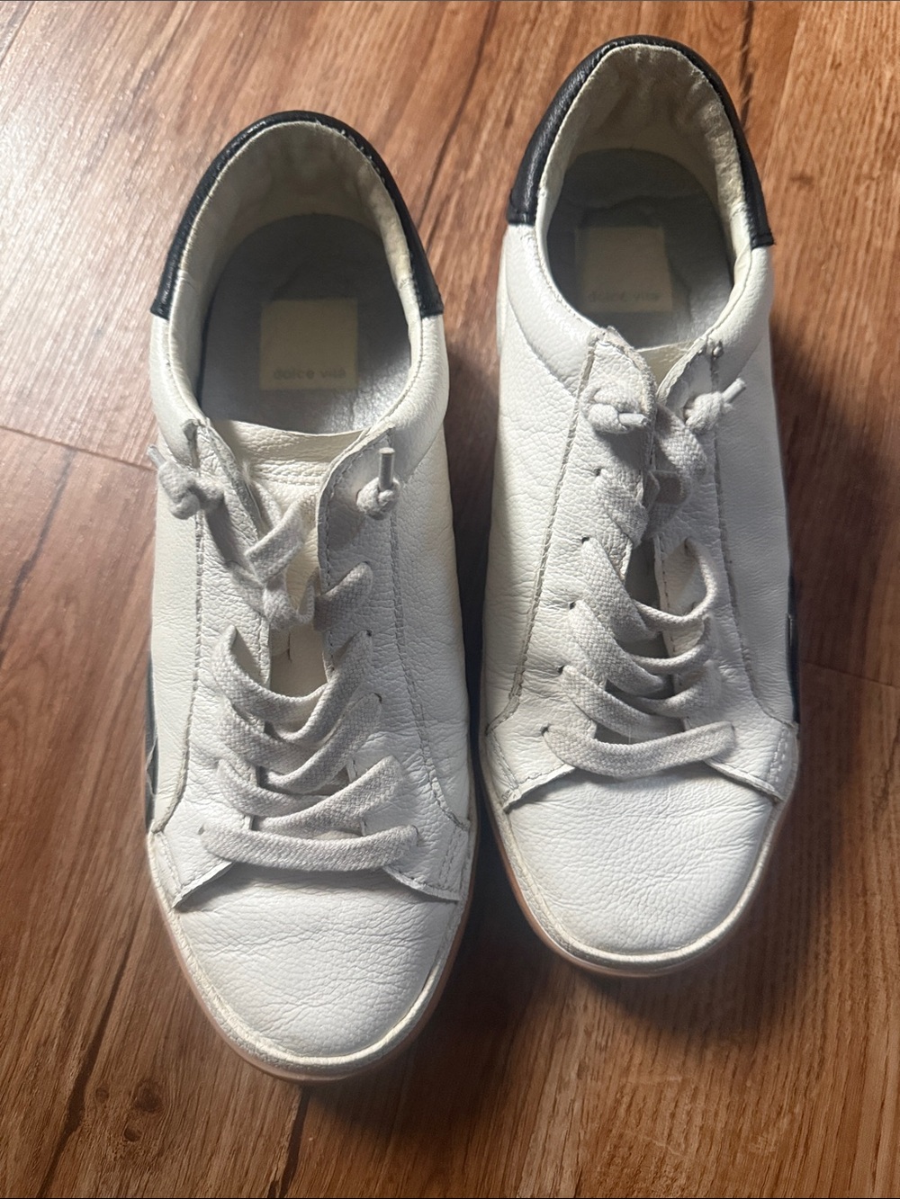 Dolce Vita White Low-Top Leather Sneakers with Black Heel